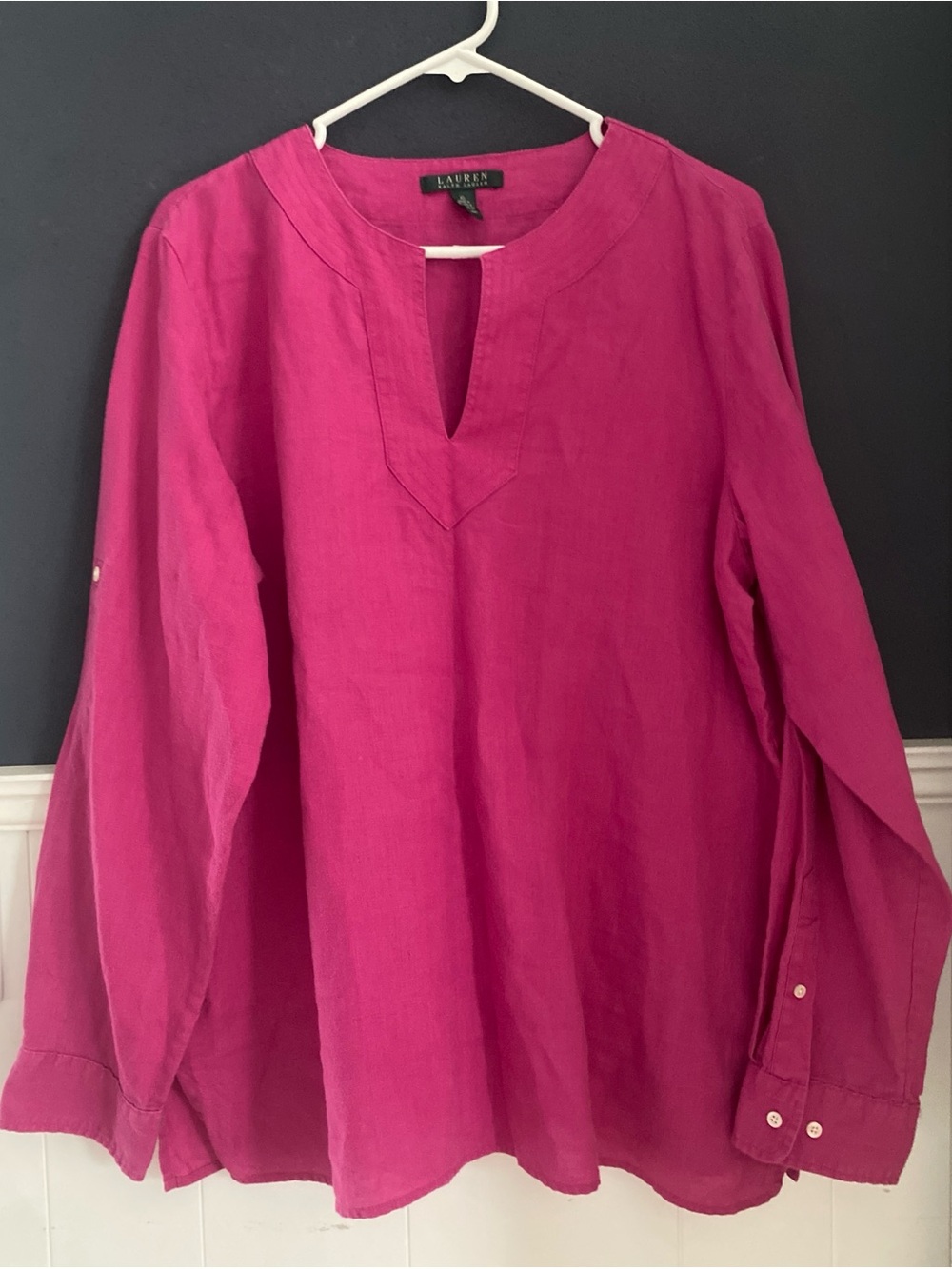 Lauren Ralph Lauren 100% Linen Tunic Blouse Pink Fuchsia Split V-Neck Roll Tab